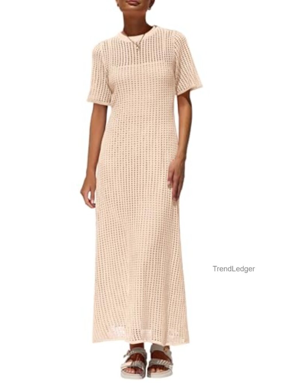 Women's Eyelet Maxi Cover Up Dress Two Piece Short Sleeve Hollow Out Beach
